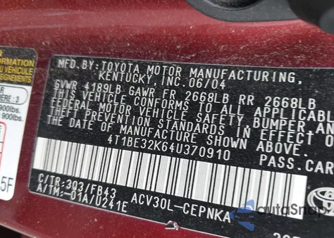 2004 Toyota Camry Le from USA, damaged, VIN 4T1BE32K64U370910